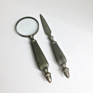 Vintage Letter Opener & Magnifying Glass Desk Set Pewter Ribbed Handles 9"
